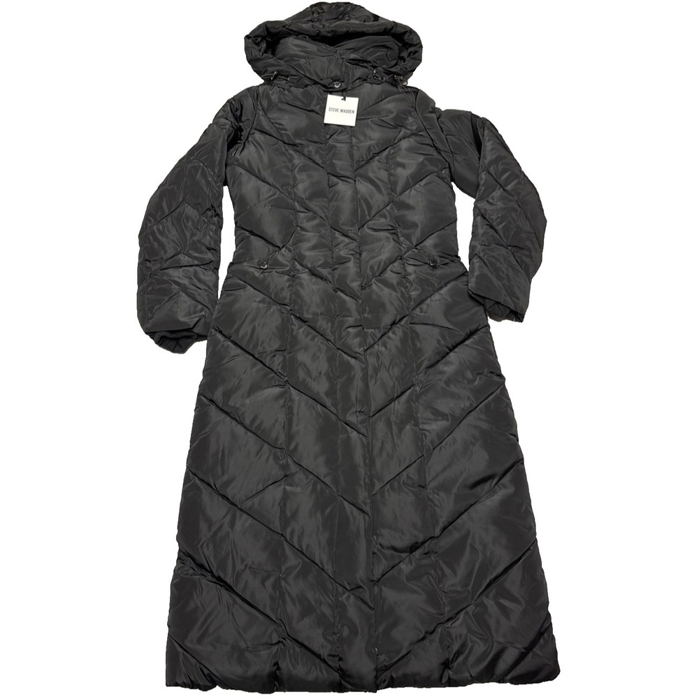 Steve Madden Long Hooded Pillow Collar Puffer Coat Womens Size XS Black
